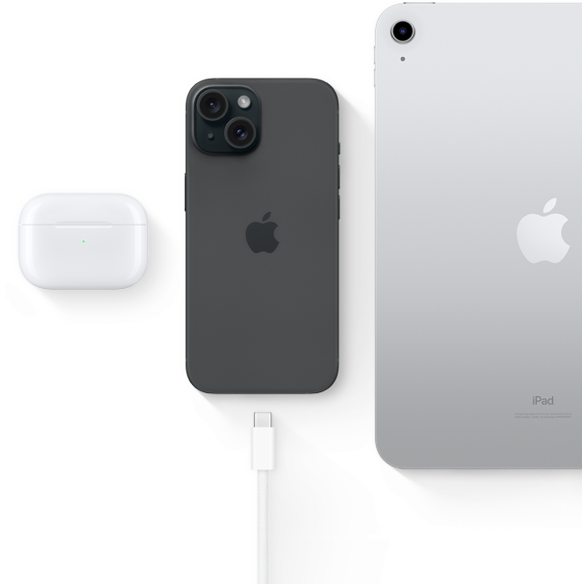 iPhone 15 mit USB‑C Anschluss, derselbe Anschluss, den auch die AirPods Pro und das iPad nutzen können