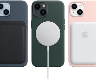 iPhone 14 MagSafe Cases in Mitternacht, Waldgrün und Kalkrosa mit MagSafe Zubehör, Wallet, Ladegerät und einer Batterie.