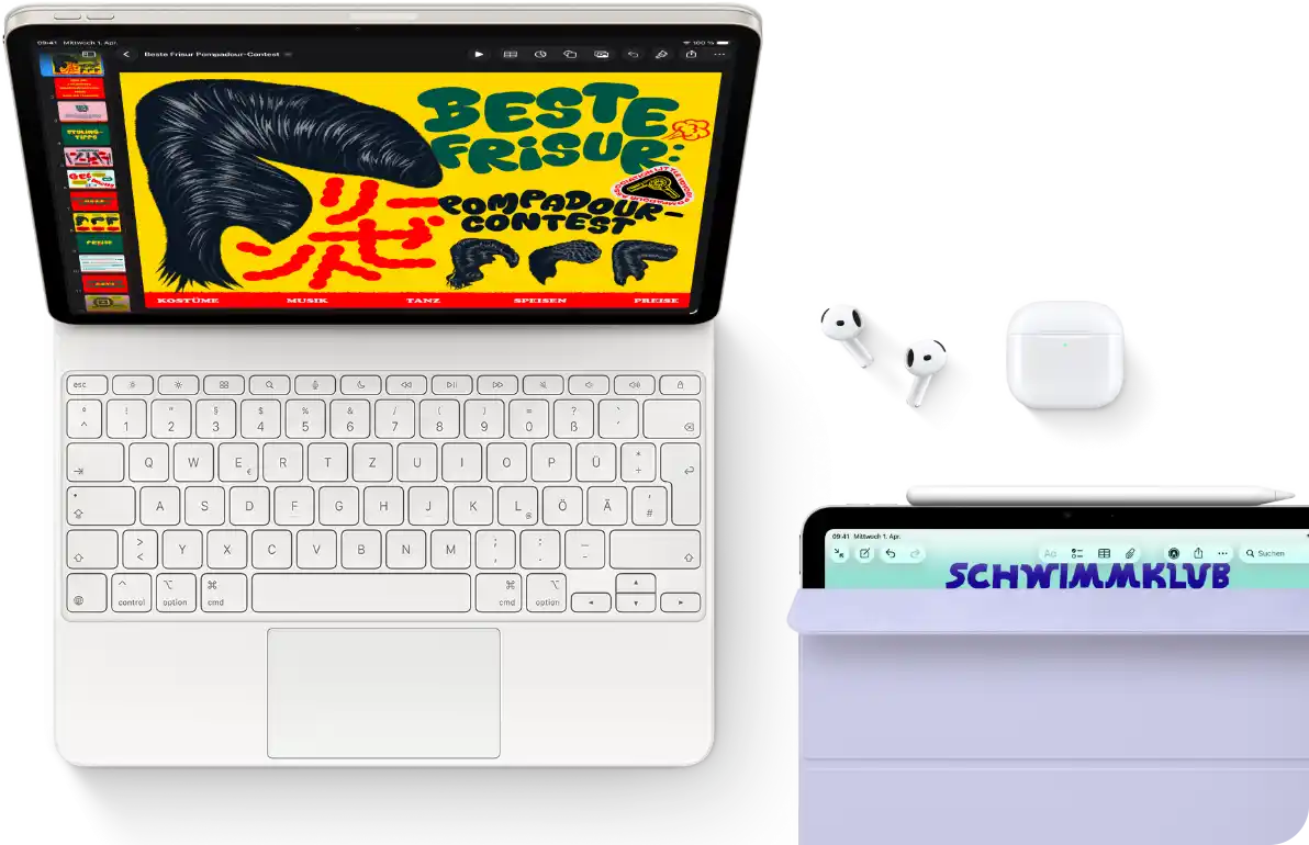 iPad Air, Farbe Polarstern, farbige Grafik auf dem Display, befestigt am Magic Keyboard, Airpods Pro und Apple Pencil Pro Zubehör