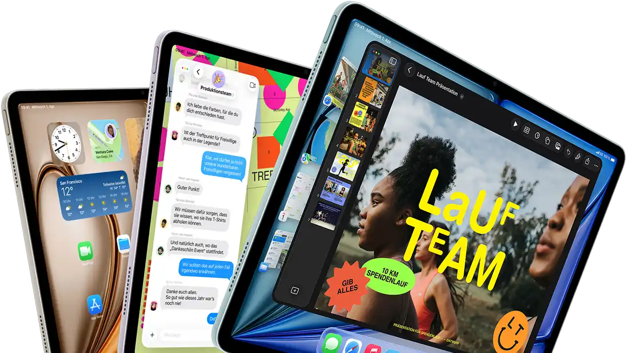 Drei iPad Air Displays in fächerähnlicher Anordnung, Farben: Blau, Violett, Polarstern, Vorderseite, Seitenansicht, die auf den Displays angezeigten Apps umfassen die Keynote App, Nachrichten und den Homescreen