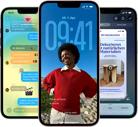 Tre iPhone 17e-enheter med appen Meddelanden i Liquid Glass-design, dynamisk låsskärm och Visuell intelligens igång