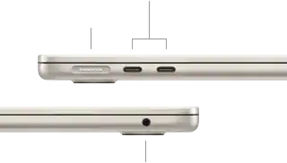 MacBook Air, zugeklappt, linke Seite mit MagSafe und zwei Thunderbolt Anschlüssen, rechte Seite mit Kopfhöreranschluss