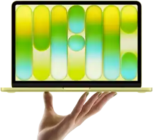 Das MacBook Neo in Farbe Zitrus wird auf den Fingerspitzen einer geöffneten Hand balanciert, das Display zeigt ein farbiges, abstraktes Muster