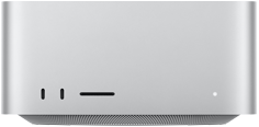 Mac Studio, Vorderseite, zwei USB‑C Anschlüsse, SDXC Kartensteckplatz, Statusanzeige, nach unten zulaufender Sockel, flache Oberseite, gerundete Ecken, gerade Kanten, Silber