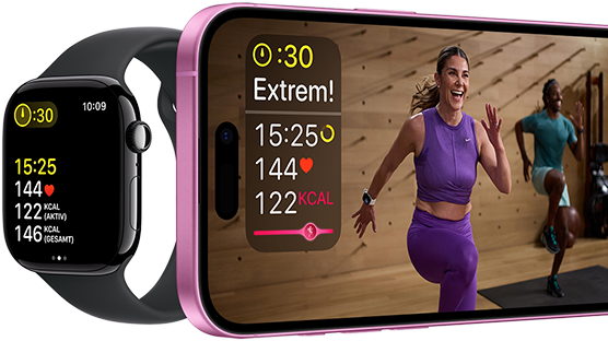 Trainingsdaten, gezeigt auf Apple Watch Series 10 und iPhone.